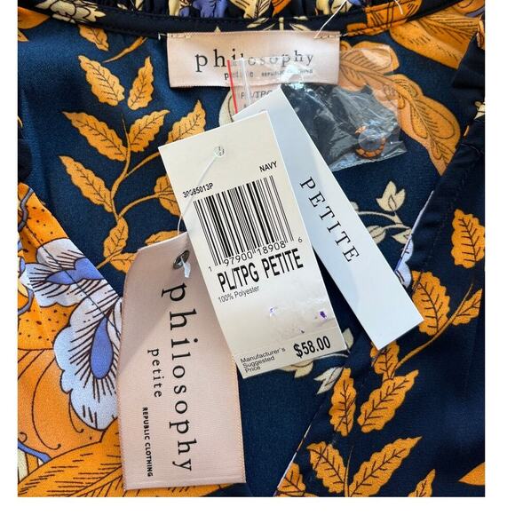 Philosophy Womens PL Navy Floral Pullover V-neck Ruffle details Sleeves Office - Picture 6 of 8